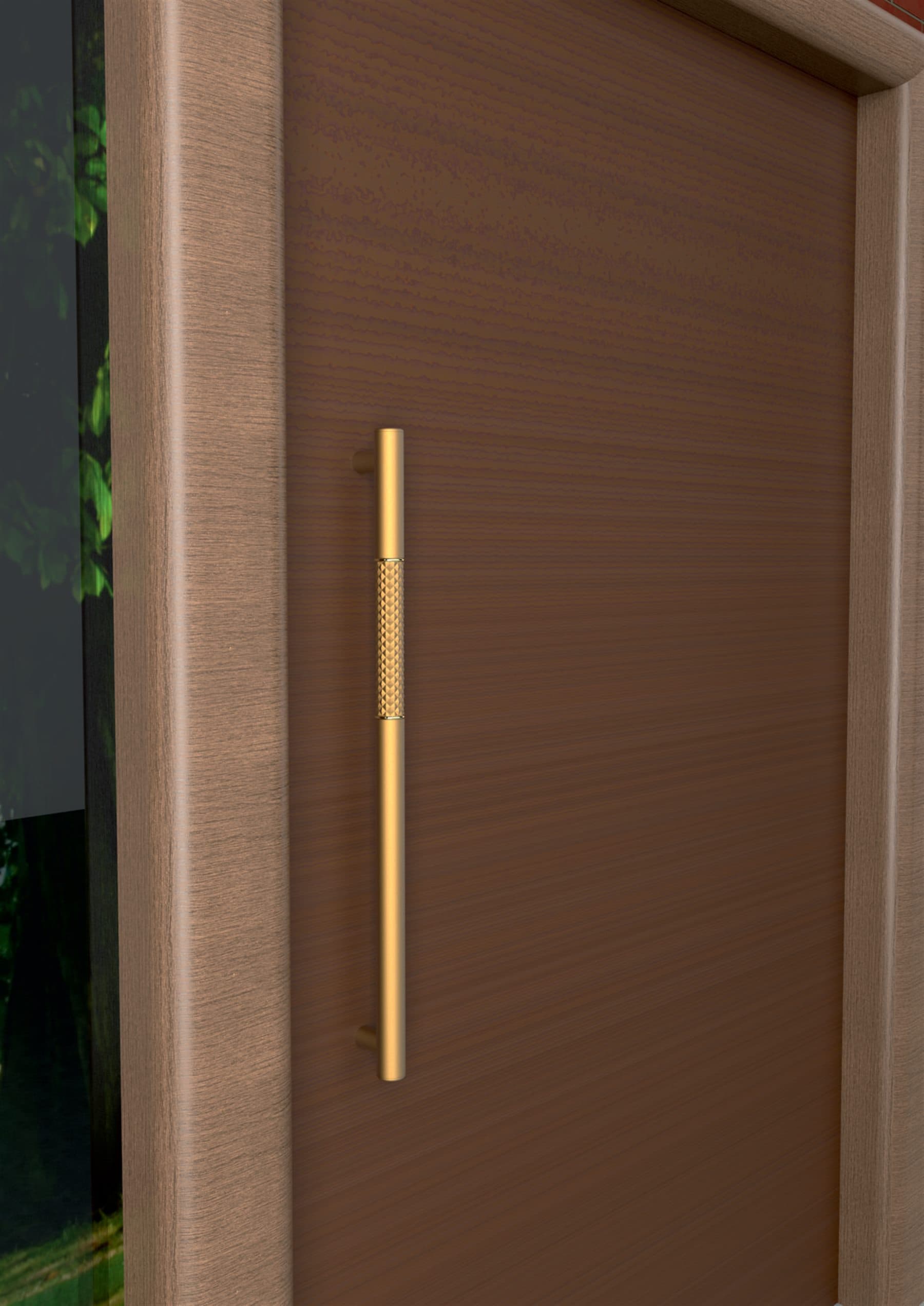 Brass door pull on a hardwood door facing a garden